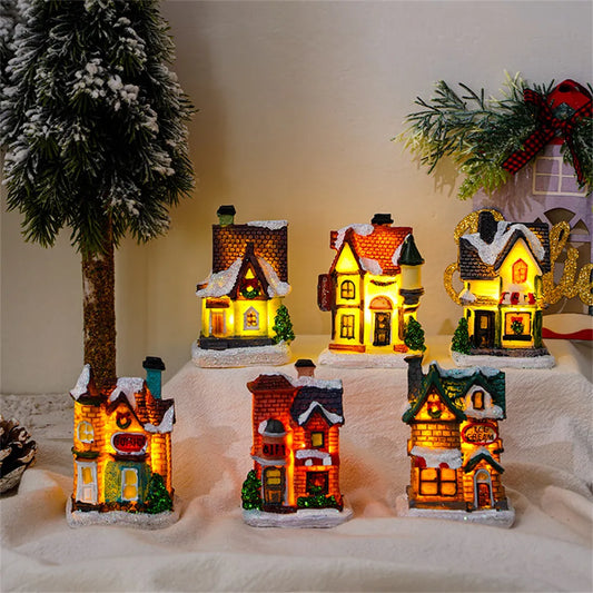 Christmas Led Light House Christmas Tree Ornaments LED Resin Small Village House Xmas Glow Decor Gift 2023Happy New Year  Decors