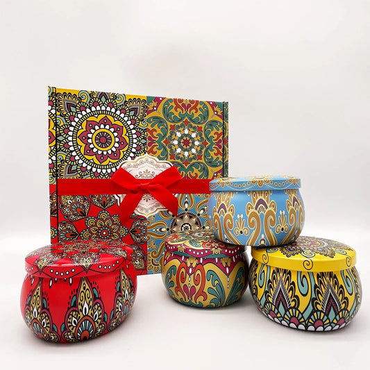 4 PCS 4.4oz Candle Tin Jars Bohemian Patterns Candle Jar with Gift Box DIY Candle Making Kit Holder Storage Case