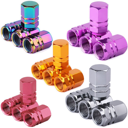 Colorful aluminum alloy tire valve stem caps in various colors including purple, orange, red, and silver, designed for cars, motorcycles, and bicycles.