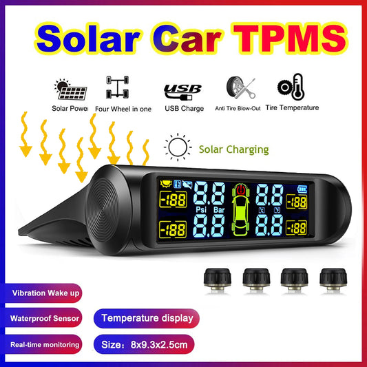 Solar Car TPMS with Colorful LCD Display, Real-time Pressure & Temperature Monitoring, Solar Charging, Vibration Wake-up, Waterproof Sensors