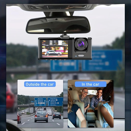 Vehicle DVR dash cam with 3 cameras showing night vision, loop recording, 2" IPS screen, and views from outside and inside the car.