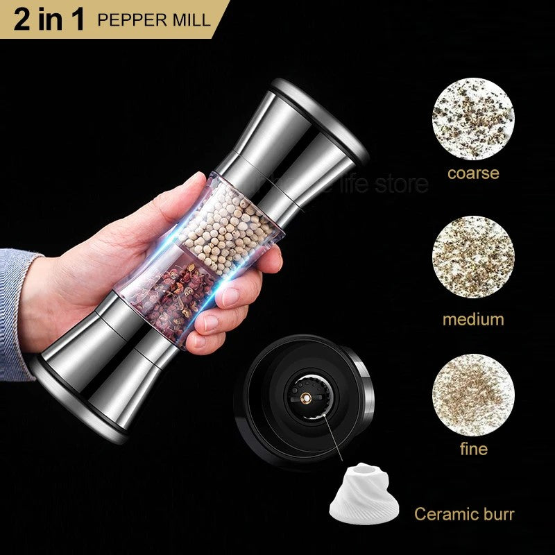 Two-in-one Pepper Grinder Stainless Steel Double-head Kitchen Gadgets Sea Salt Spice Manual Two-head Grinder