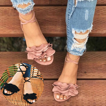 Women Plus Size Strappy Solid Color Lace Up Fashion Summer Beach Causal Flat Sandals