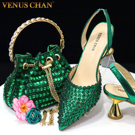 Venus Chan High Heels for Lady 2023 Luxury Designer Green Color Full Diamond Pointed Toe Wedding Shoe and Bag Set for Party